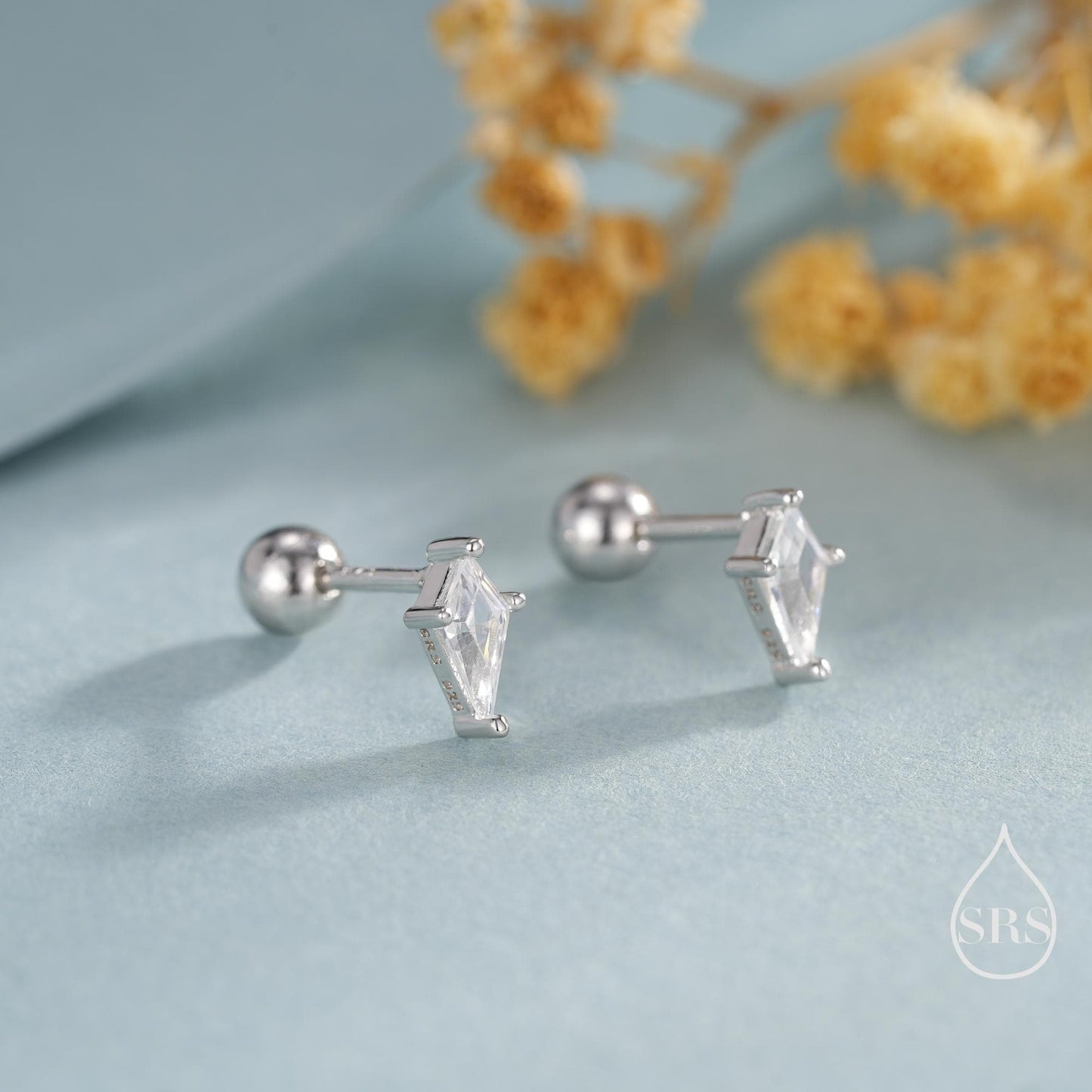 Rhombus CZ Screwback / Flat Back/ Stud Earrings in Sterling Silver, Silver or Gold, Kite Shape Crystal Earrings, Geometric Minimalist Design