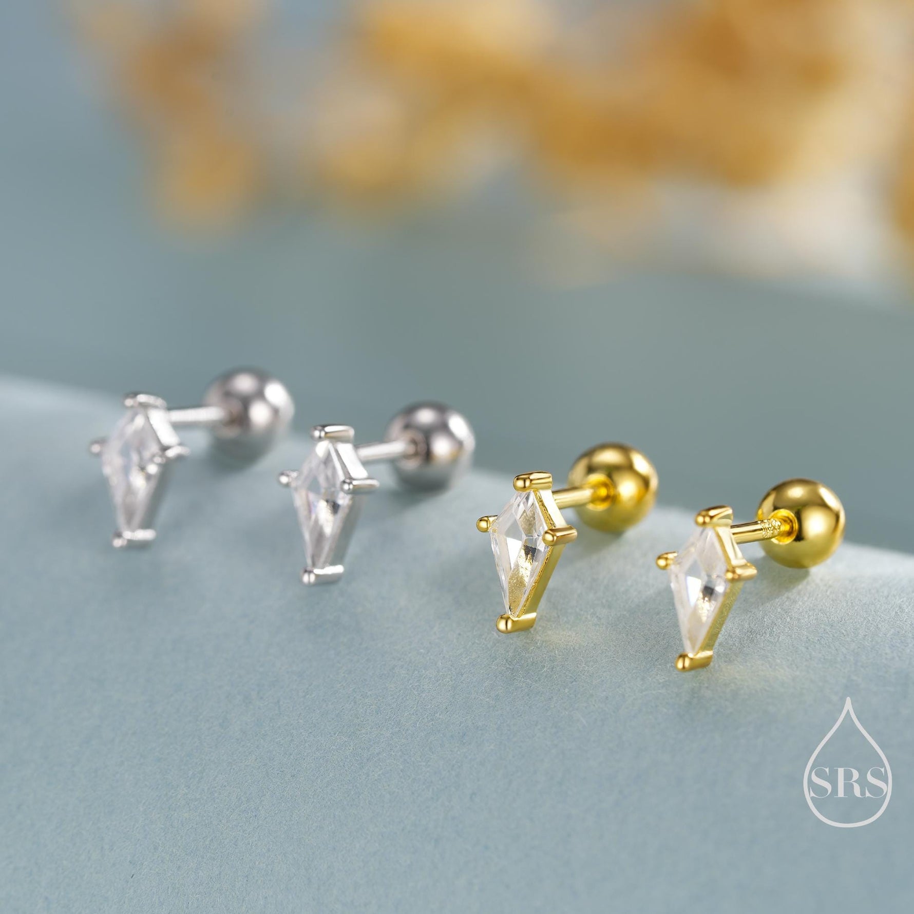 Rhombus CZ Screwback / Flat Back/ Stud Earrings in Sterling Silver, Silver or Gold, Kite Shape Crystal Earrings, Geometric Minimalist Design