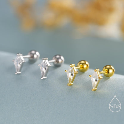 Rhombus CZ Flat Back/ Screw Back/ Stud Earrings in Sterling Silver, Silver or Gold, Kite Shape Crystal Earrings, Geometric Minimalist Design