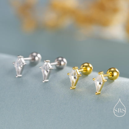 Rhombus CZ Screwback / Flat Back/ Stud Earrings in Sterling Silver, Silver or Gold, Kite Shape Crystal Earrings, Geometric Minimalist Design