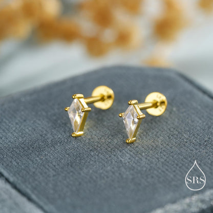 Rhombus CZ Flat Back/ Screw Back/ Stud Earrings in Sterling Silver, Silver or Gold, Kite Shape Crystal Earrings, Geometric Minimalist Design