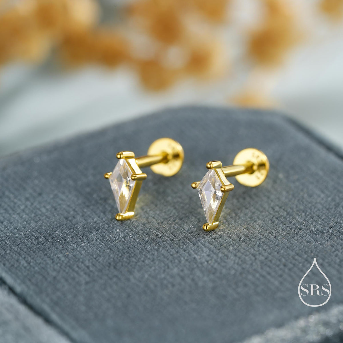 Rhombus CZ Flat Back/ Screw Back/ Stud Earrings in Sterling Silver, Silver or Gold, Kite Shape Crystal Earrings, Geometric Minimalist Design