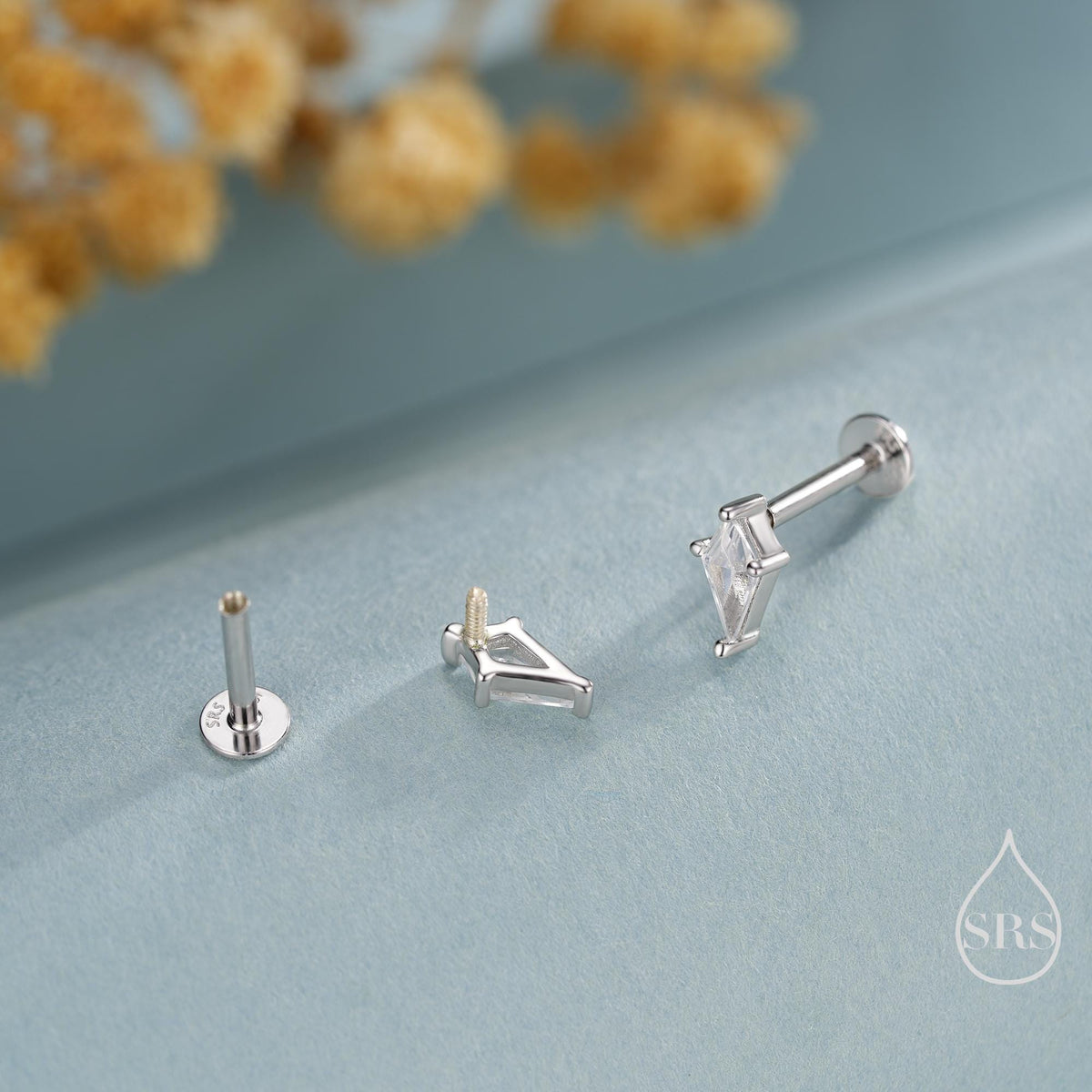 Rhombus CZ Flat Back/ Screw Back/ Stud Earrings in Sterling Silver, Silver or Gold, Kite Shape Crystal Earrings, Geometric Minimalist Design