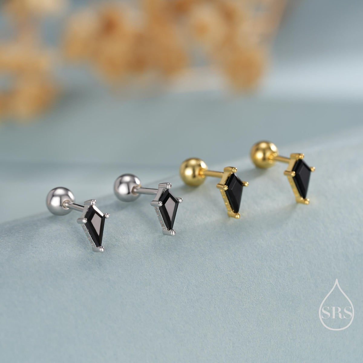 Black CZ Rhombus Screw Back /Flat Back/ Stud Earrings in Sterling Silver, Silver or Gold, Kite Shape Crystal Earrings, Stacking Earrings