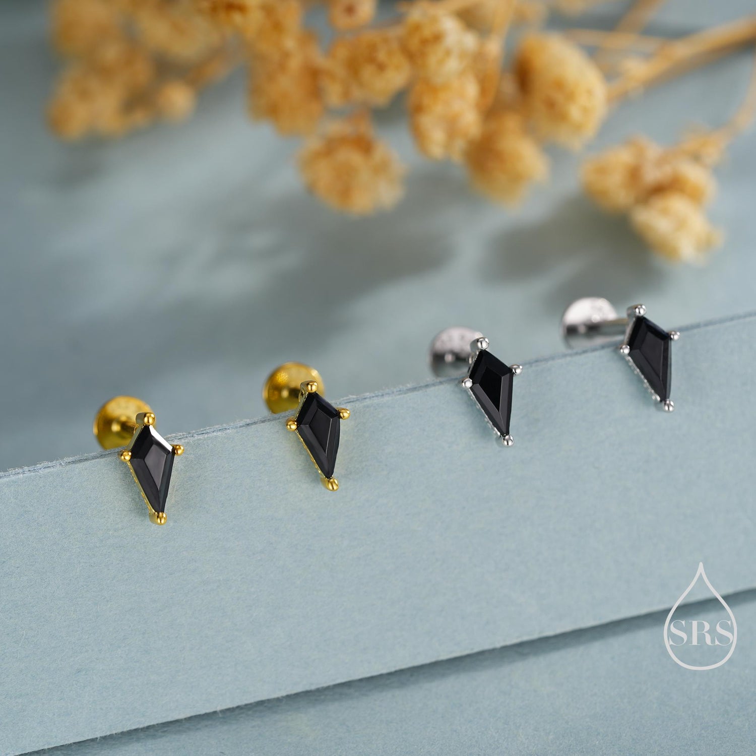 Black CZ Rhombus Flat Back/ Screw Back/ Stud Earrings in Sterling Silver, Silver or Gold, Kite Shape Crystal Earrings, Stacking Earrings