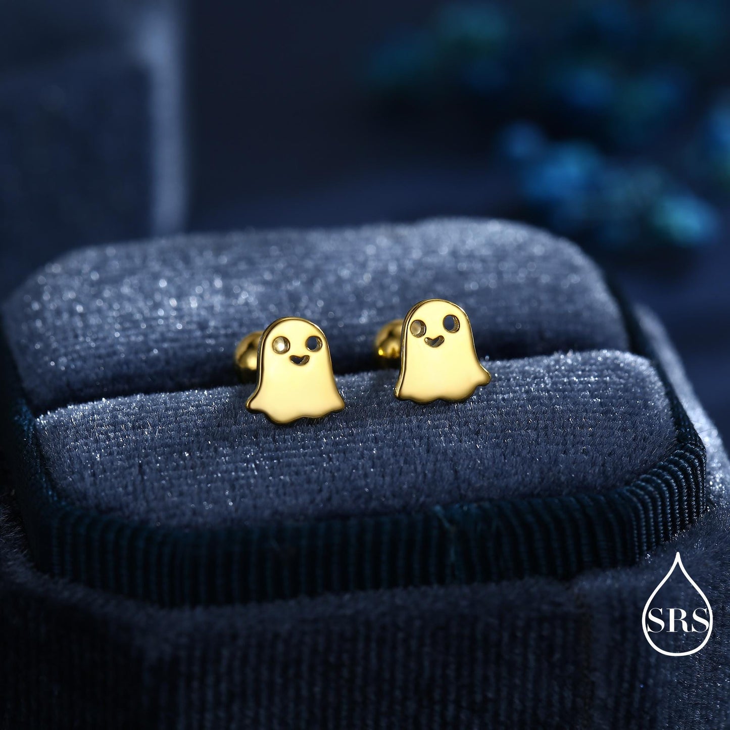Tiny Little Cute Ghost Internally Threaded Flat Back Earrings in Sterling Silver, Silver, Gold or Rose Gold, Tiny Ghost Screw Back Earrings