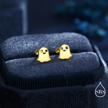 Tiny Little Cute Ghost Internally Threaded Flat Back Earrings in Sterling Silver, Silver, Gold or Rose Gold, Tiny Ghost Screw Back Earrings