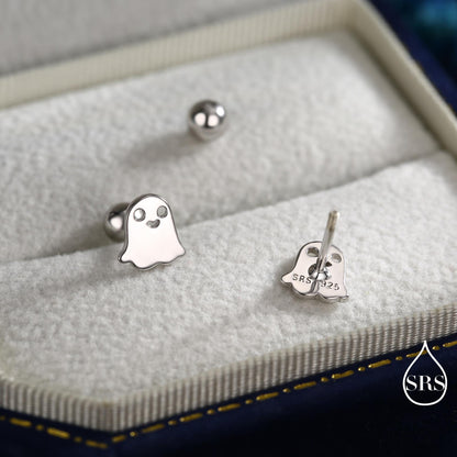 Tiny Little Cute Ghost Screwback Earrings in Sterling Silver, Silver or Gold or Rose Gold Finish, Tiny Ghost Screw Back Earrings