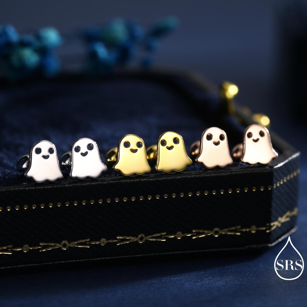 Tiny Little Cute Ghost 18G Screw Back Earrings in Sterling Silver