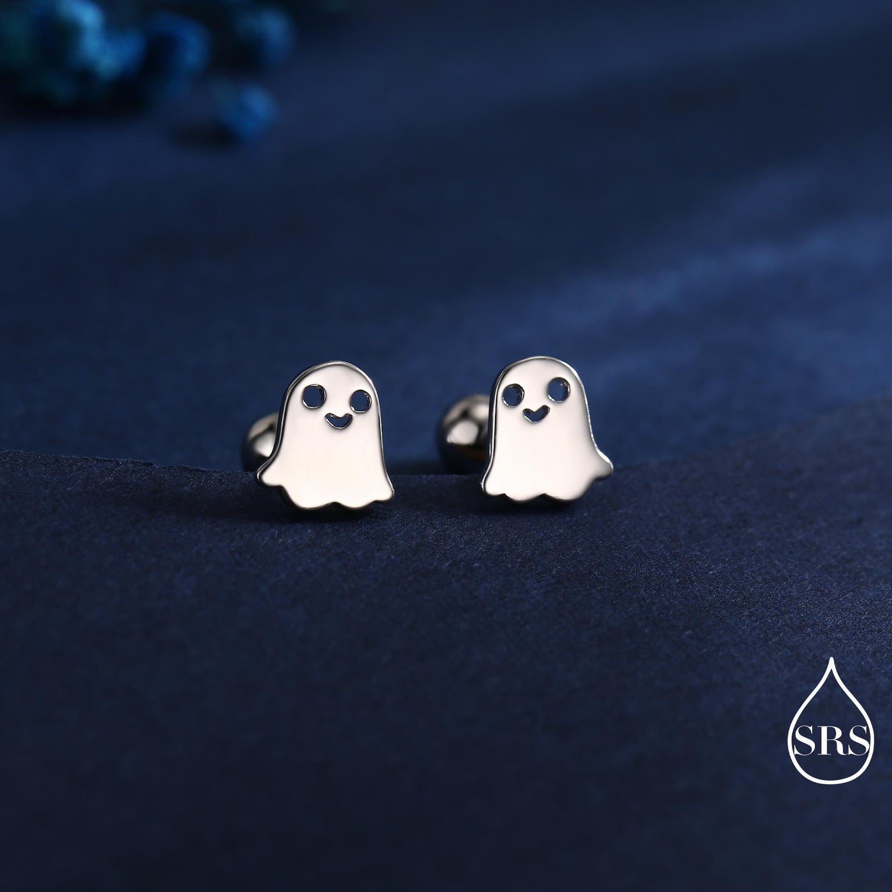 Tiny Little Cute Ghost 18G Screw Back Earrings in Sterling Silver