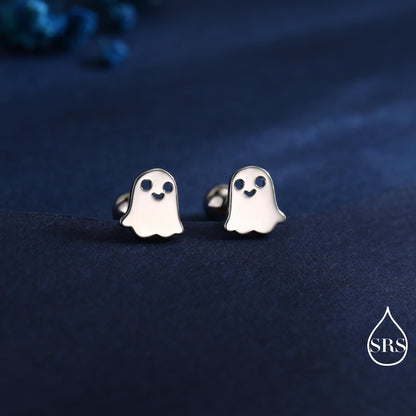 Tiny Little Cute Ghost Screwback Earrings in Sterling Silver, Silver or Gold or Rose Gold Finish, Tiny Ghost Screw Back Earrings