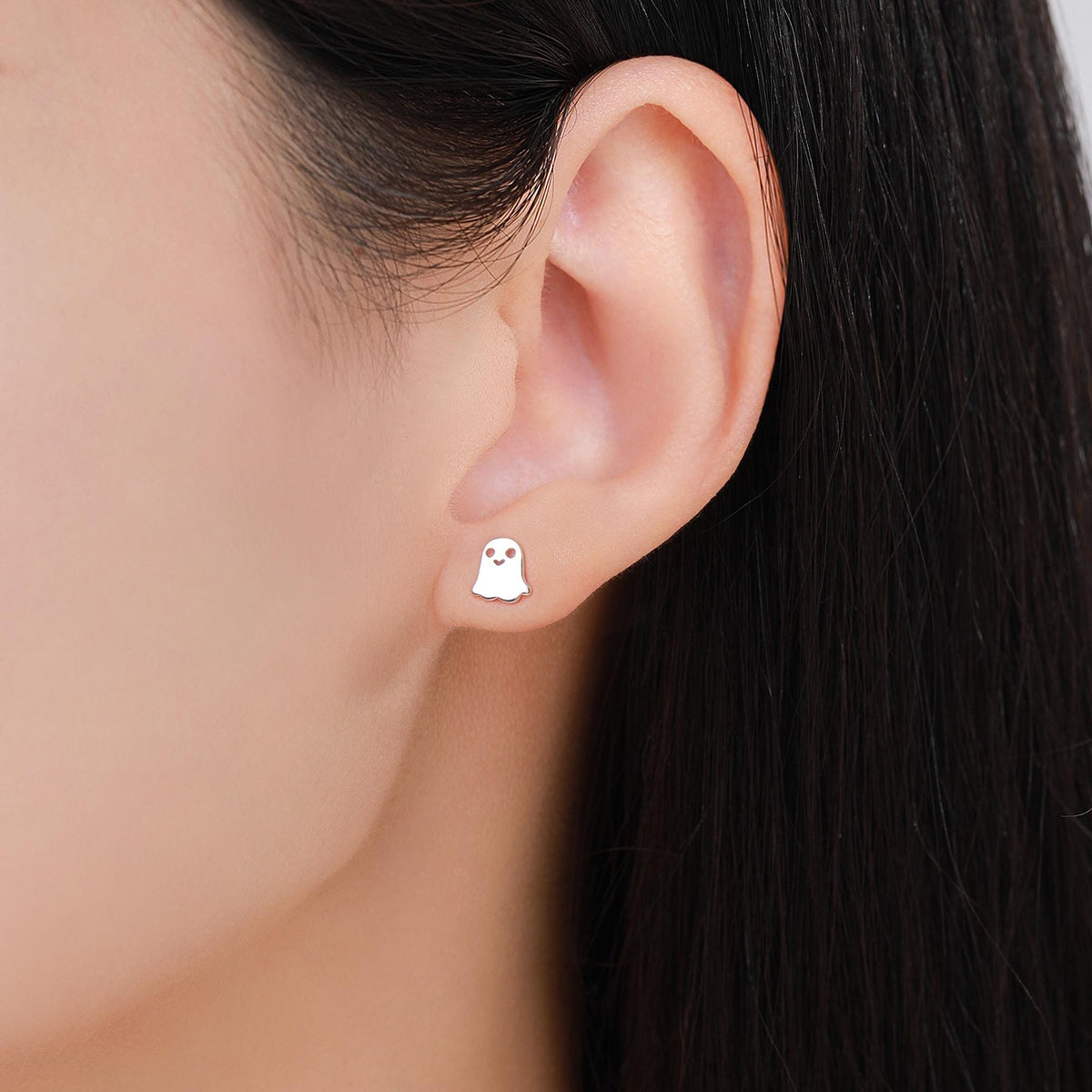 Tiny Little Cute Ghost 18G Screw Back Earrings in Sterling Silver