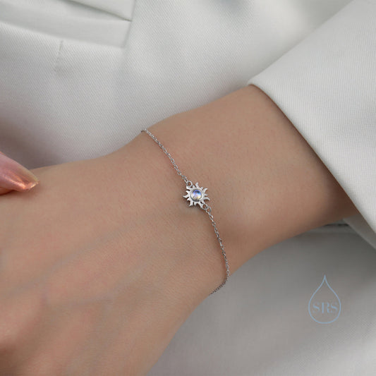 Extra Tiny Moonstone Sun Bracelet in Sterling Silver, Silver or Gold, Simulated Moonstone, Small Sun Bracelet, Silver Celestial Bracelet
