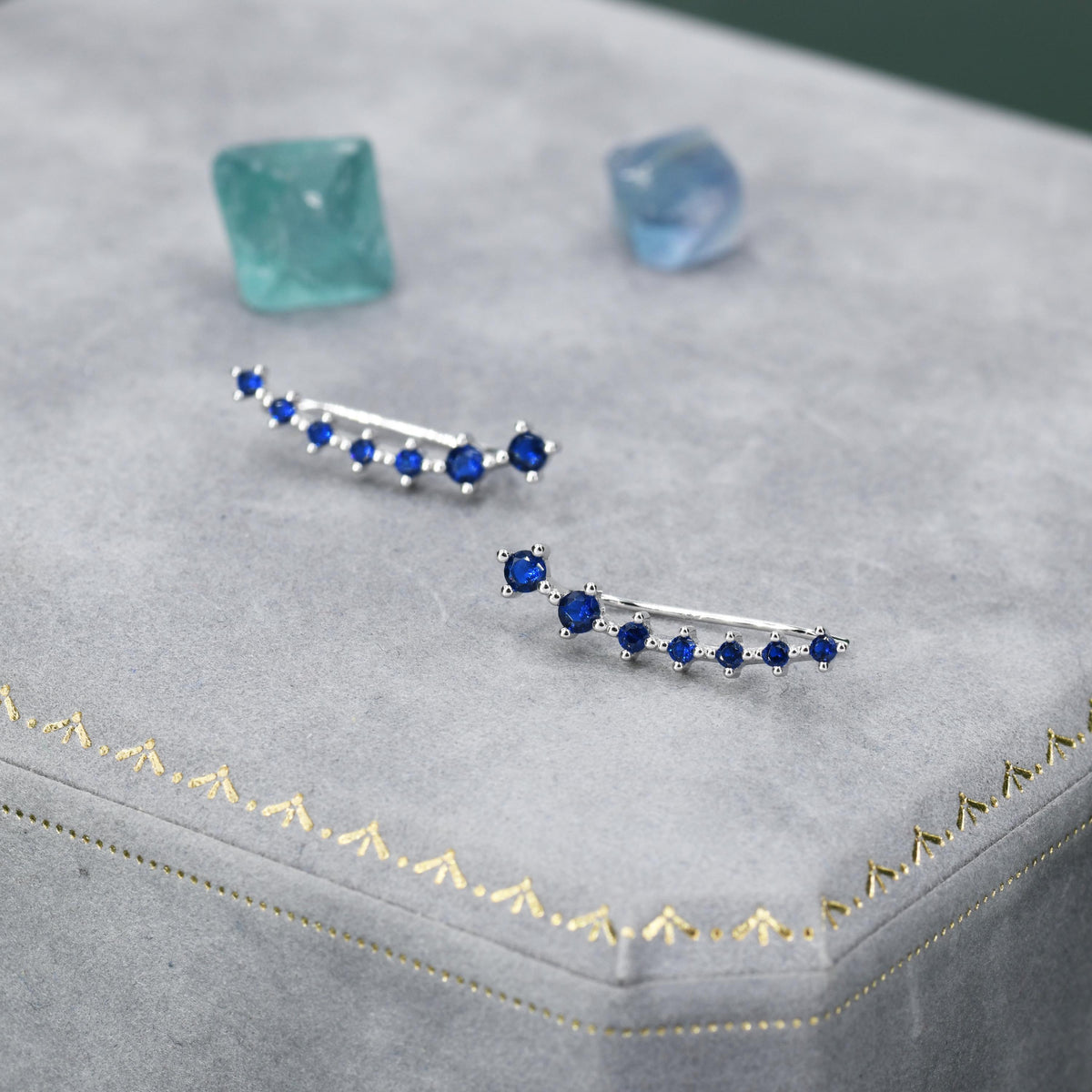 Sterling Silver Sapphire Blue CZ Ear Crawler Earrings, Silver Blue Climber Earrings, CZ Ear Climbers
