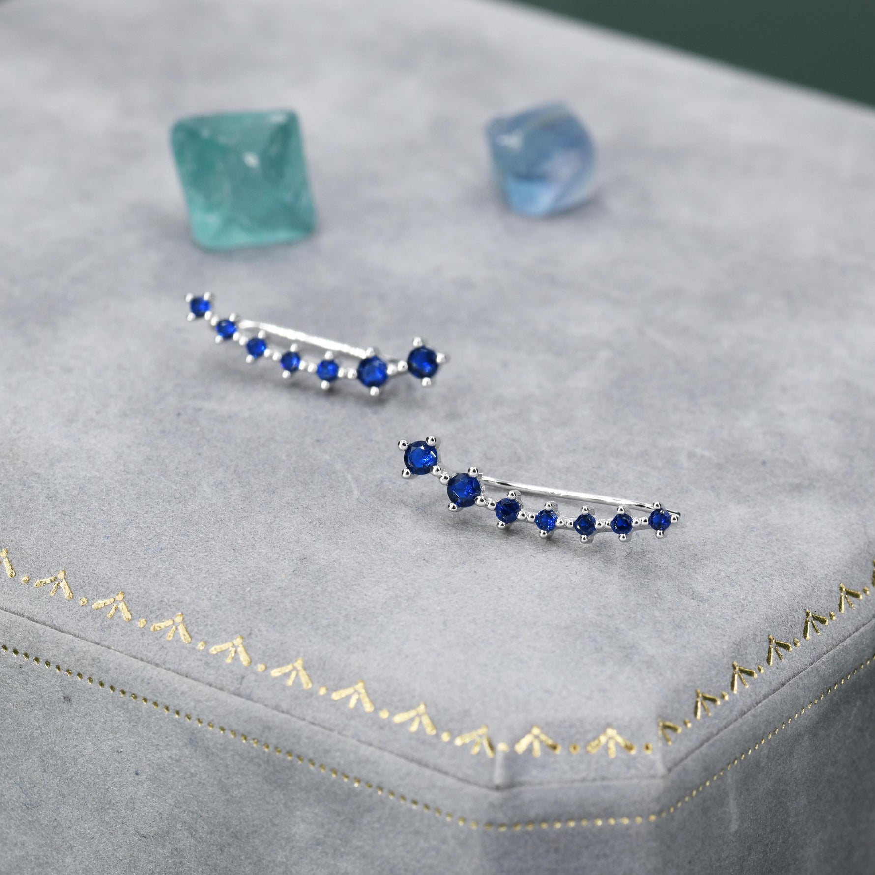 Sterling Silver Sapphire Blue CZ Ear Crawler Earrings, Silver Blue Climber Earrings, CZ Ear Climbers