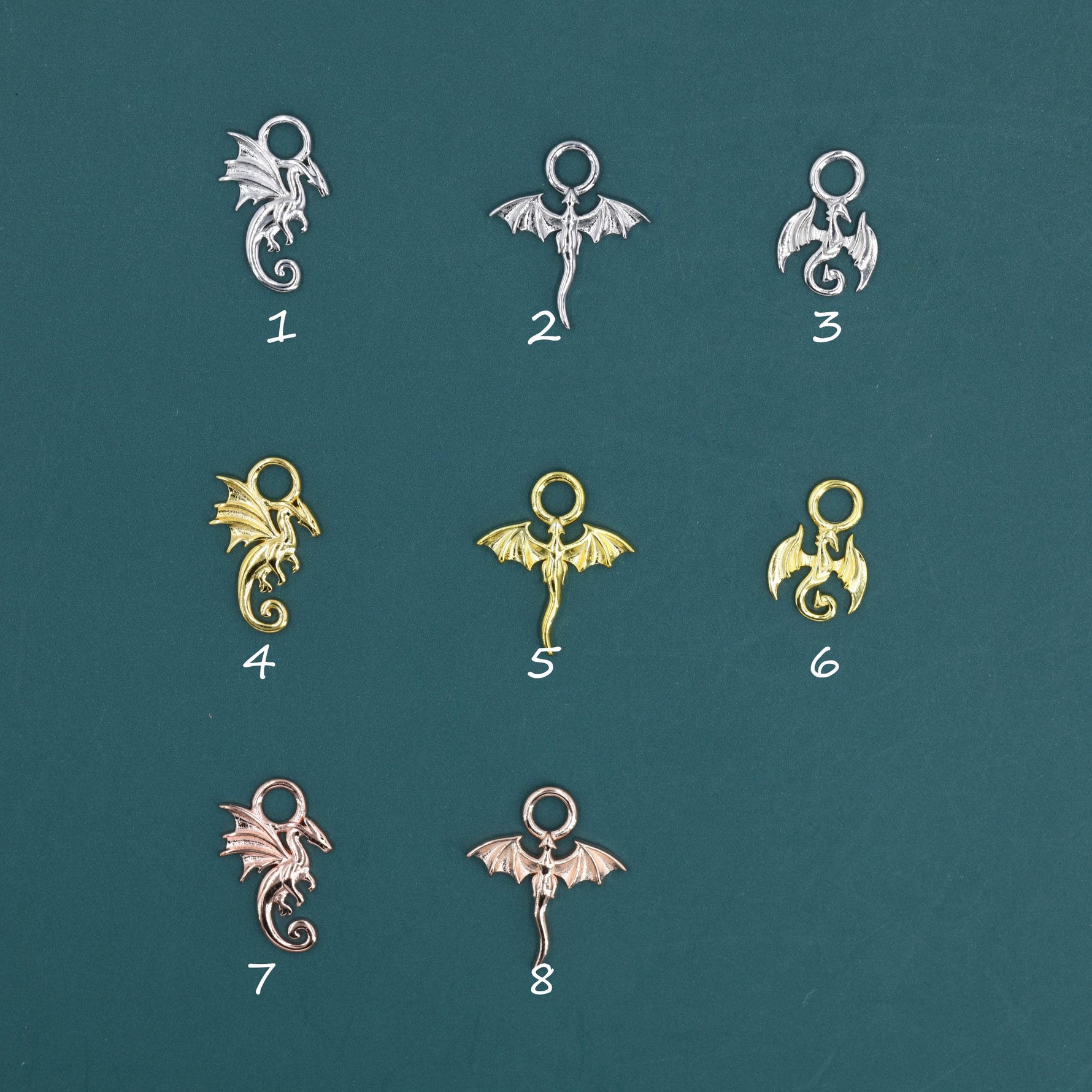 Dragon Collection Charms for Huggie Hoops, Sold as a pair, Sterling Silver Charms for Earrings, Detachable, Silver or Gold or Rose Gold