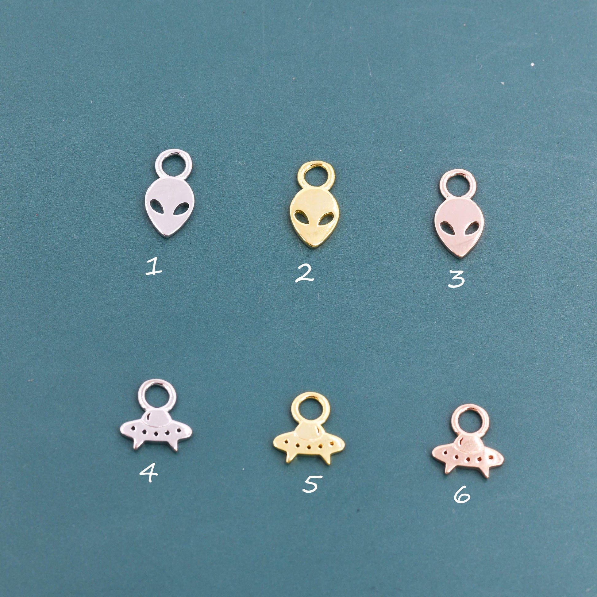 Extra Terrestrial Charms for Huggie Hoops in Sterling Silver, Spaceship Alien Charms for Earrings, Detachable, Silver or Gold or Rose Gold