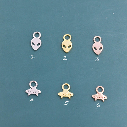 Extra Terrestrial Charms for Huggie Hoops in Sterling Silver, Spaceship Alien Charms for Earrings, Detachable, Silver or Gold or Rose Gold