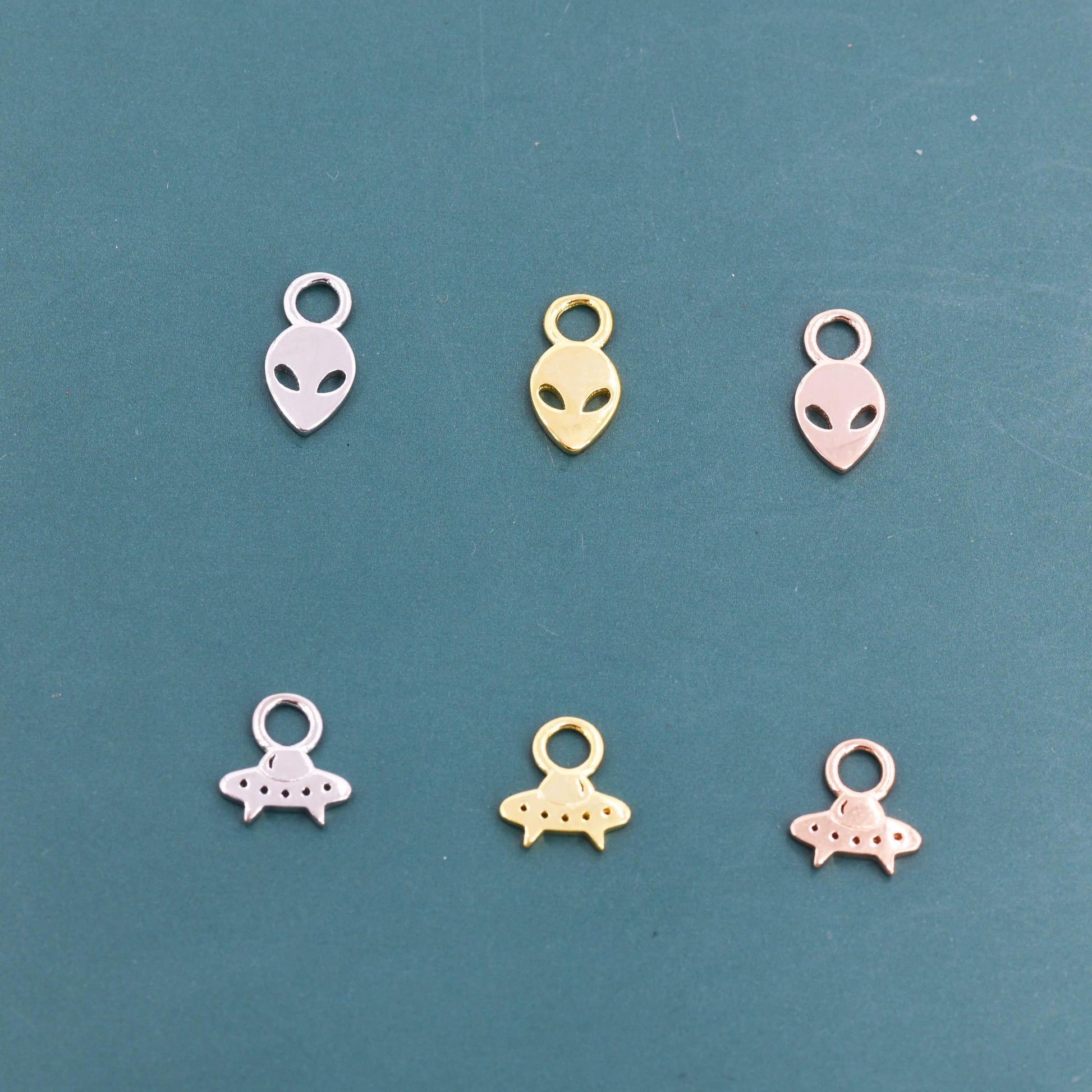 Extra Terrestrial Charms for Huggie Hoops in Sterling Silver, Spaceship Alien Charms for Earrings, Detachable, Silver or Gold or Rose Gold