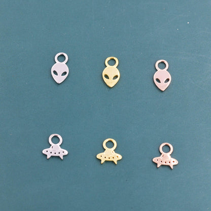 Extra Terrestrial Charms for Huggie Hoops in Sterling Silver, Spaceship Alien Charms for Earrings, Detachable, Silver or Gold or Rose Gold