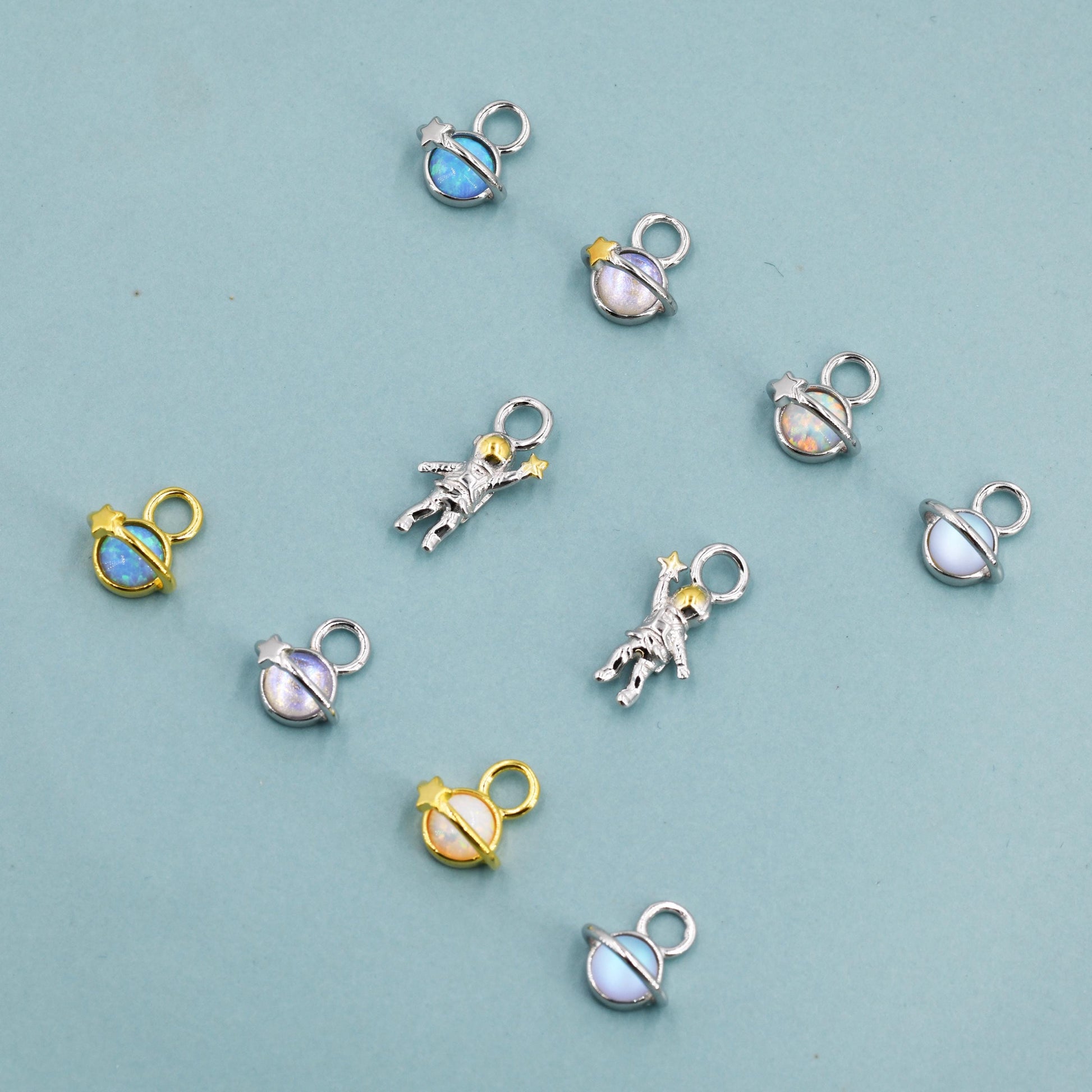 Extra Terrestrial Charms for Huggie Hoops – Planet and Astronaut Charms in Sterling Silver, Silver or Gold Finish