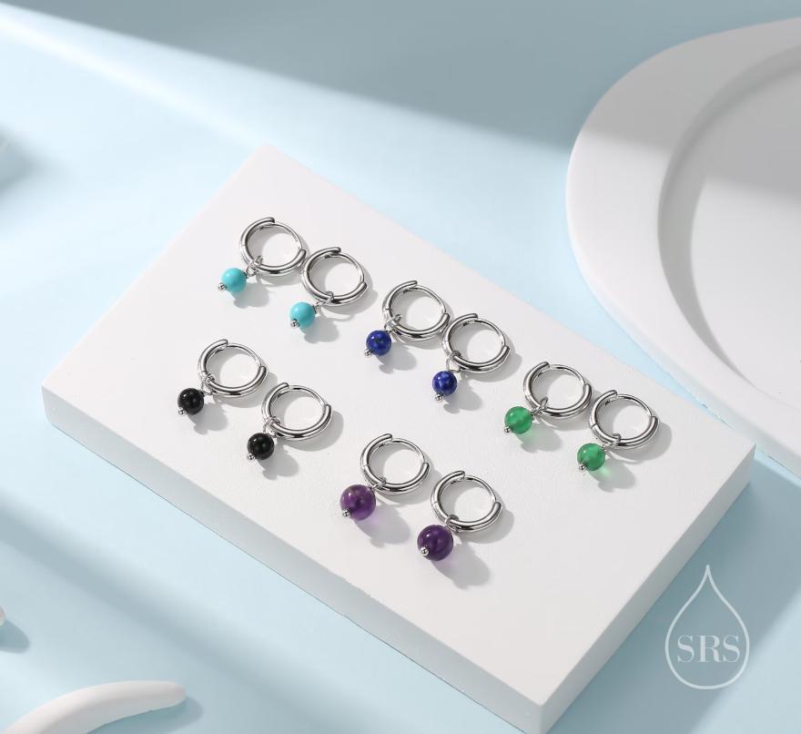 6mm Natural Labradorite and Amethyst Charms for Huggie Hoops in Sterling Silver, Sold as a Pair, Charms for Earrings, Silver or Gold,