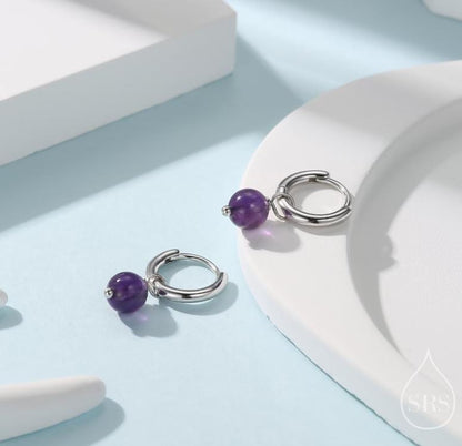 6mm Natural Labradorite and Amethyst Charms for Huggie Hoops in Sterling Silver, Sold as a Pair, Charms for Earrings, Silver or Gold,