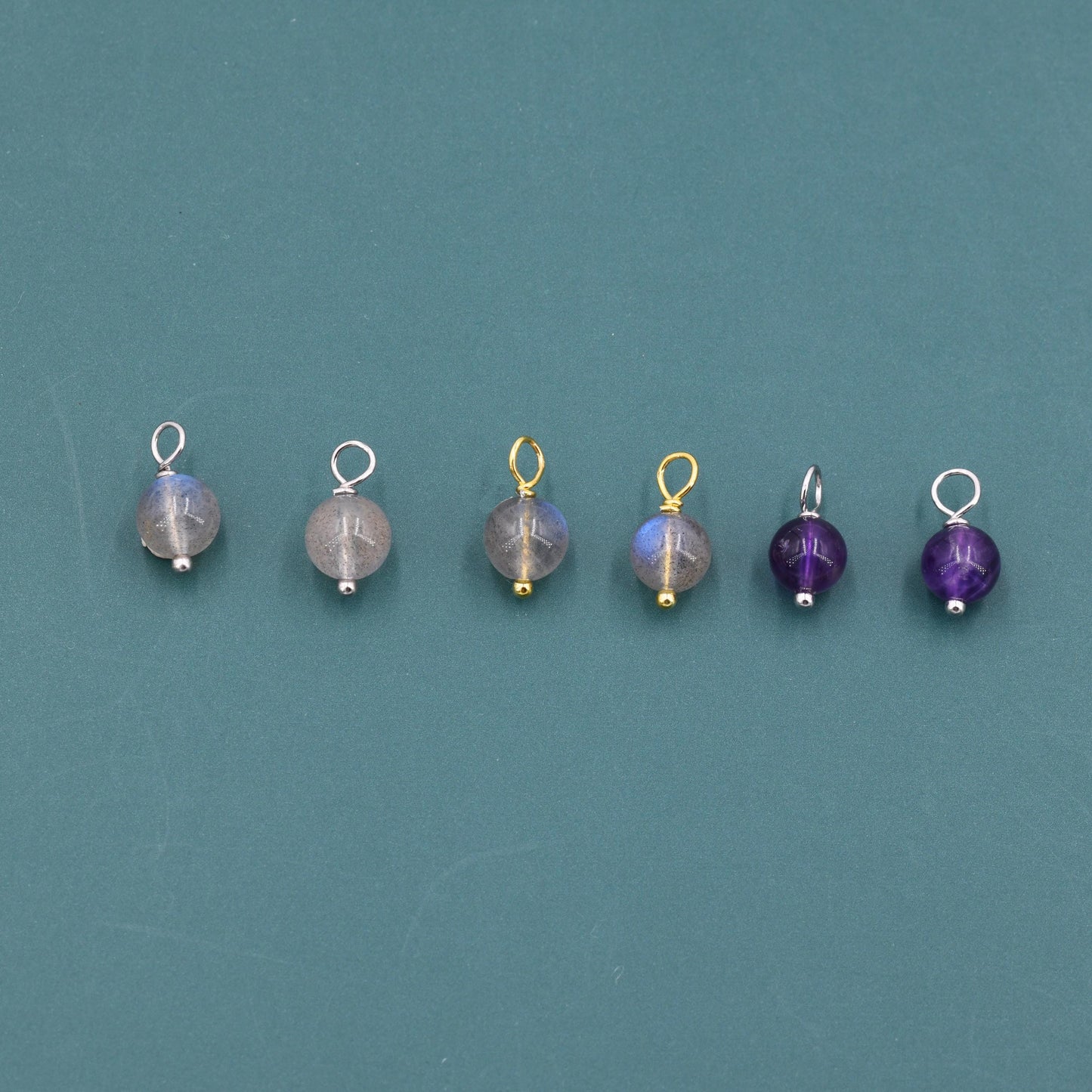 6mm Natural Labradorite and Amethyst Charms for Huggie Hoops in Sterling Silver, Sold as a Pair, Charms for Earrings, Silver or Gold,