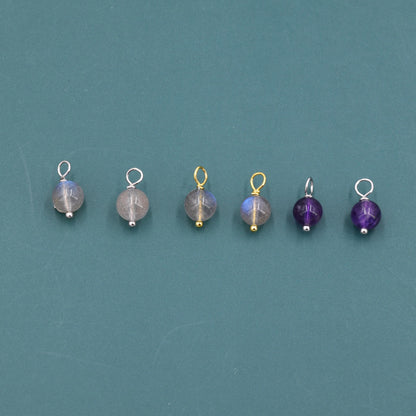 6mm Natural Labradorite and Amethyst Charms for Huggie Hoops in Sterling Silver, Sold as a Pair, Charms for Earrings, Silver or Gold,
