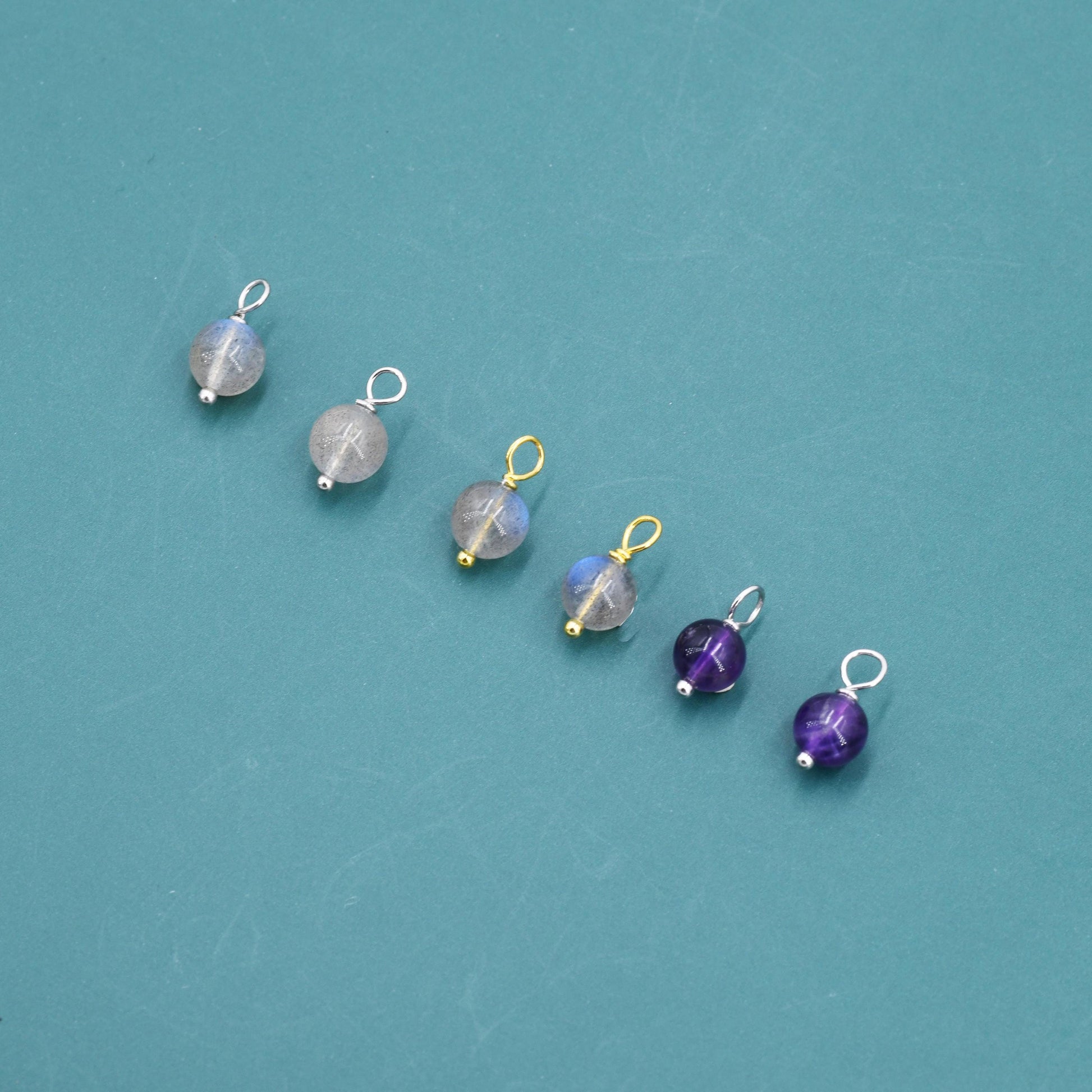 6mm Natural Labradorite and Amethyst Charms for Huggie Hoops in Sterling Silver, Sold as a Pair, Charms for Earrings, Silver or Gold,