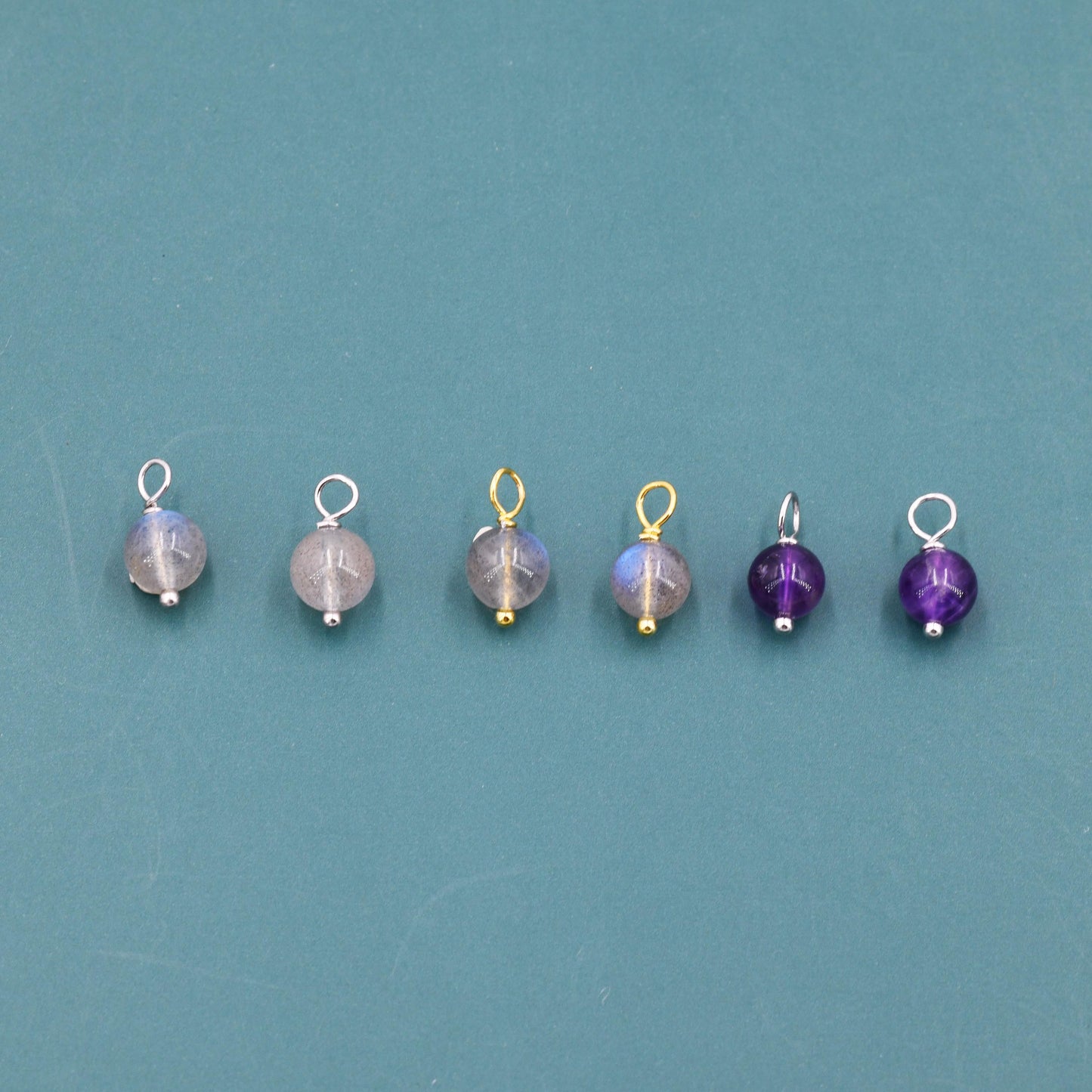 6mm Natural Labradorite and Amethyst Charms for Huggie Hoops in Sterling Silver, Sold as a Pair, Charms for Earrings, Silver or Gold,