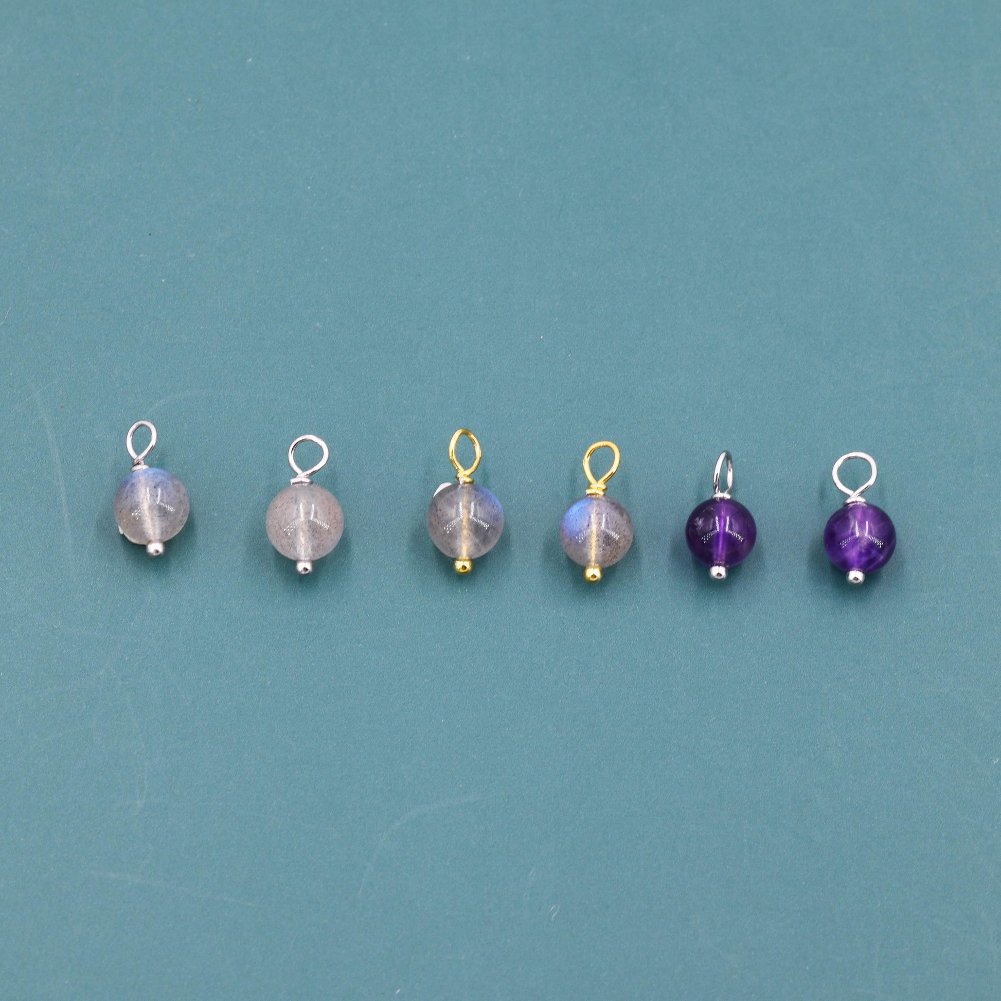 6mm Natural Labradorite and Amethyst Charms for Huggie Hoops in Sterling Silver, Sold as a Pair, Charms for Earrings, Silver or Gold,
