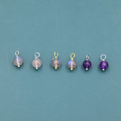 6mm Natural Labradorite and Amethyst Charms for Huggie Hoops in Sterling Silver, Sold as a Pair, Charms for Earrings, Silver or Gold,