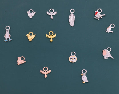 Bird Charms for Huggie Hoops in Sterling Silver, Bird and Feathers Charms for Hoops Earrings, Robin Bird Hoop Charms, Owl Charms