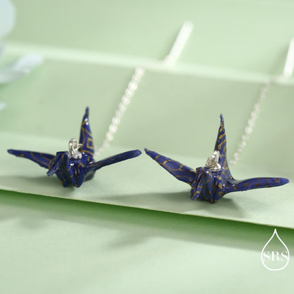 Japanese Paper Origami Crane Threader Earrings in Sterling Silver, Resin Sealed Genuine Japanese Washi Paper, Blue, Long Lasting Earrings