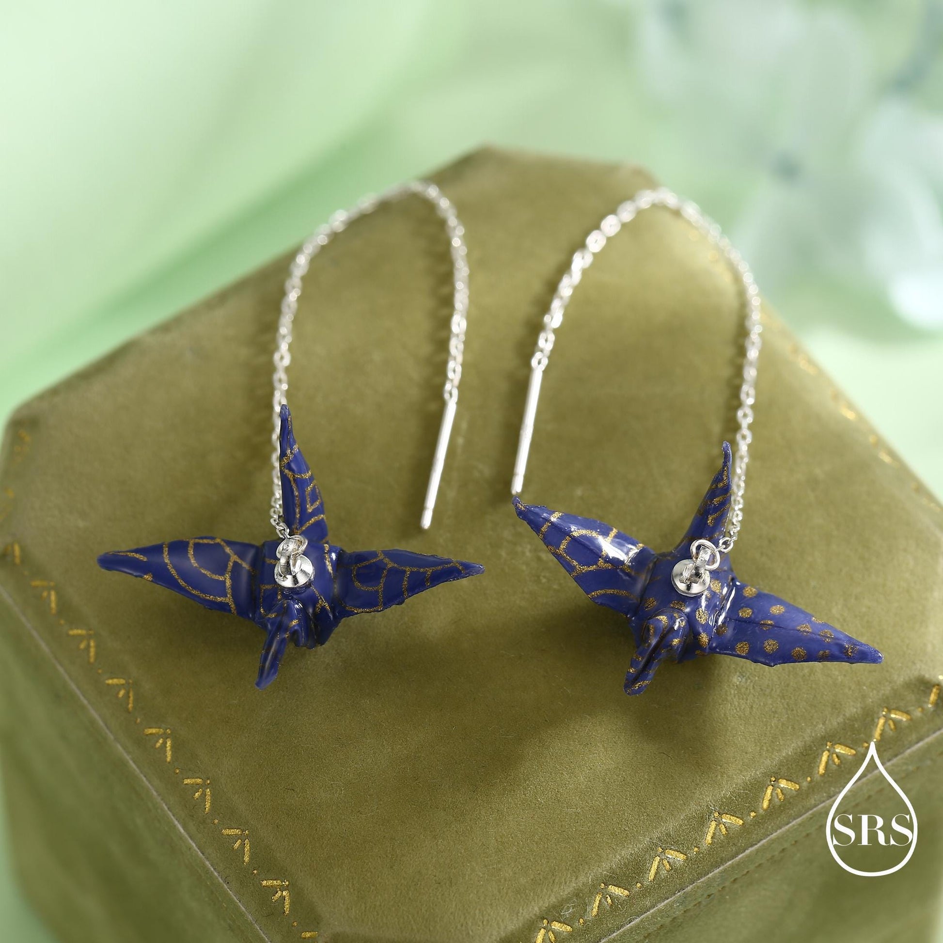 Japanese Paper Origami Crane Threader Earrings in Sterling Silver, Resin Sealed Genuine Japanese Washi Paper, Blue, Long Lasting Earrings