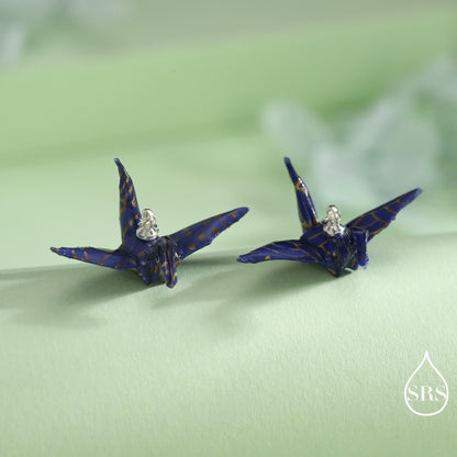 Japanese Paper Origami Crane Threader Earrings in Sterling Silver, Resin Sealed Genuine Japanese Washi Paper, Blue, Long Lasting Earrings