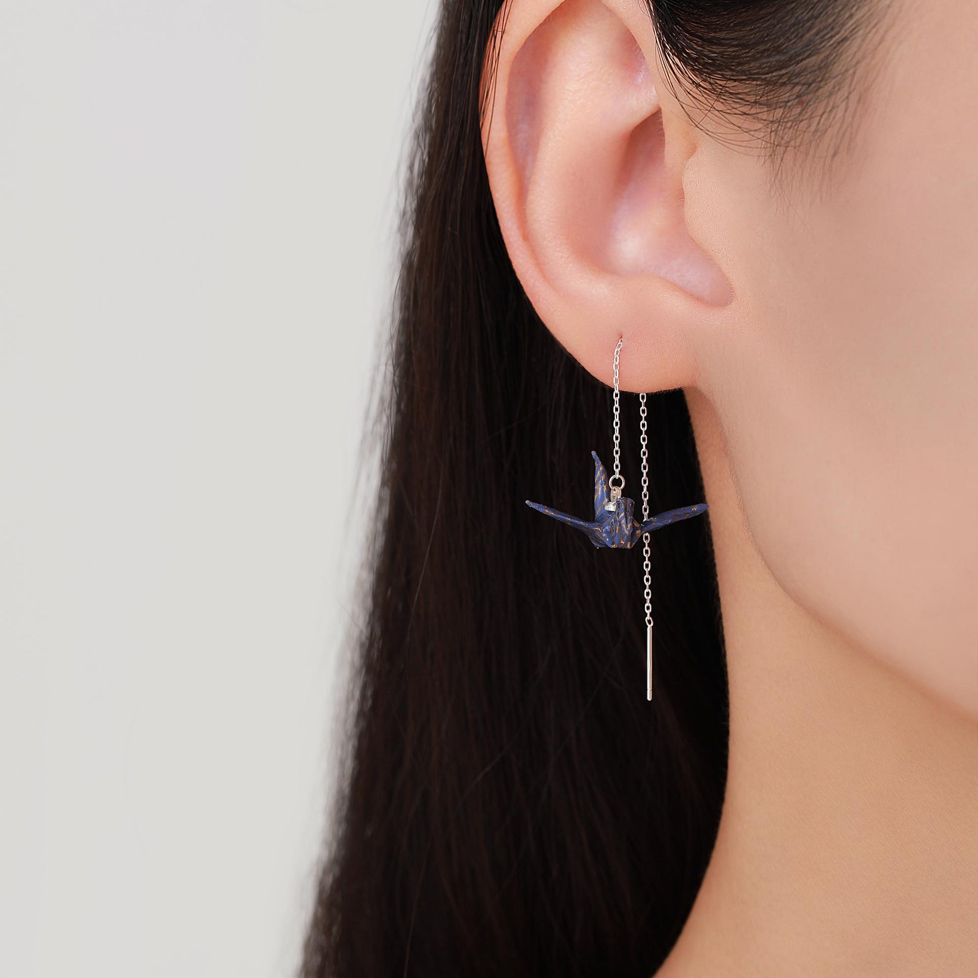 Japanese Paper Origami Crane Threader Earrings in Sterling Silver, Resin Sealed Genuine Japanese Washi Paper, Blue, Long Lasting Earrings