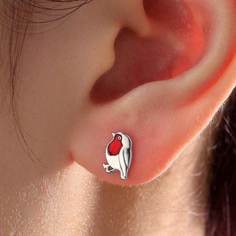 Baby Robin Bird Stud Earrings in Sterling Silver, Silver or Gold, British Bird Earrings, Nature Inspired Animal Earrings