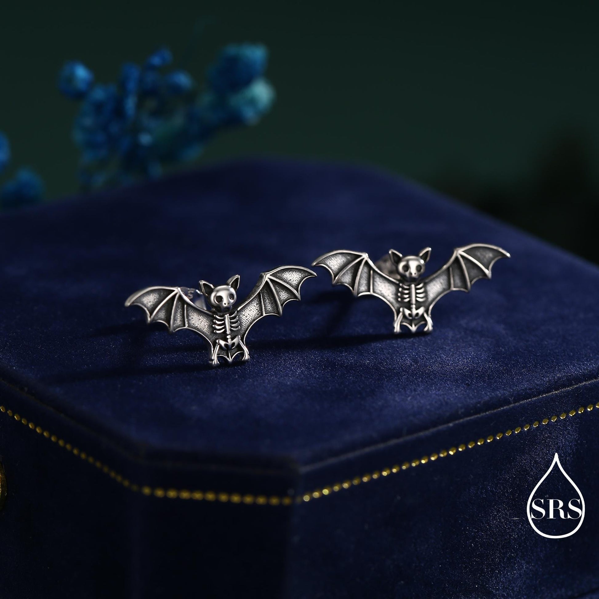Bat Skeleton Stud Earrings in Sterling Silver, Oxidised Finish, Bat with Wings Earrings, Oxidised Silver Bat Earrings