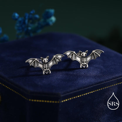 Bat Skeleton Stud Earrings in Sterling Silver, Oxidised Finish, Bat with Wings Earrings, Oxidised Silver Bat Earrings