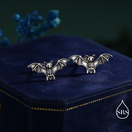 Bat Skeleton Stud Earrings in Sterling Silver, Oxidised Finish, Bat with Wings Earrings, Oxidised Silver Bat Earrings