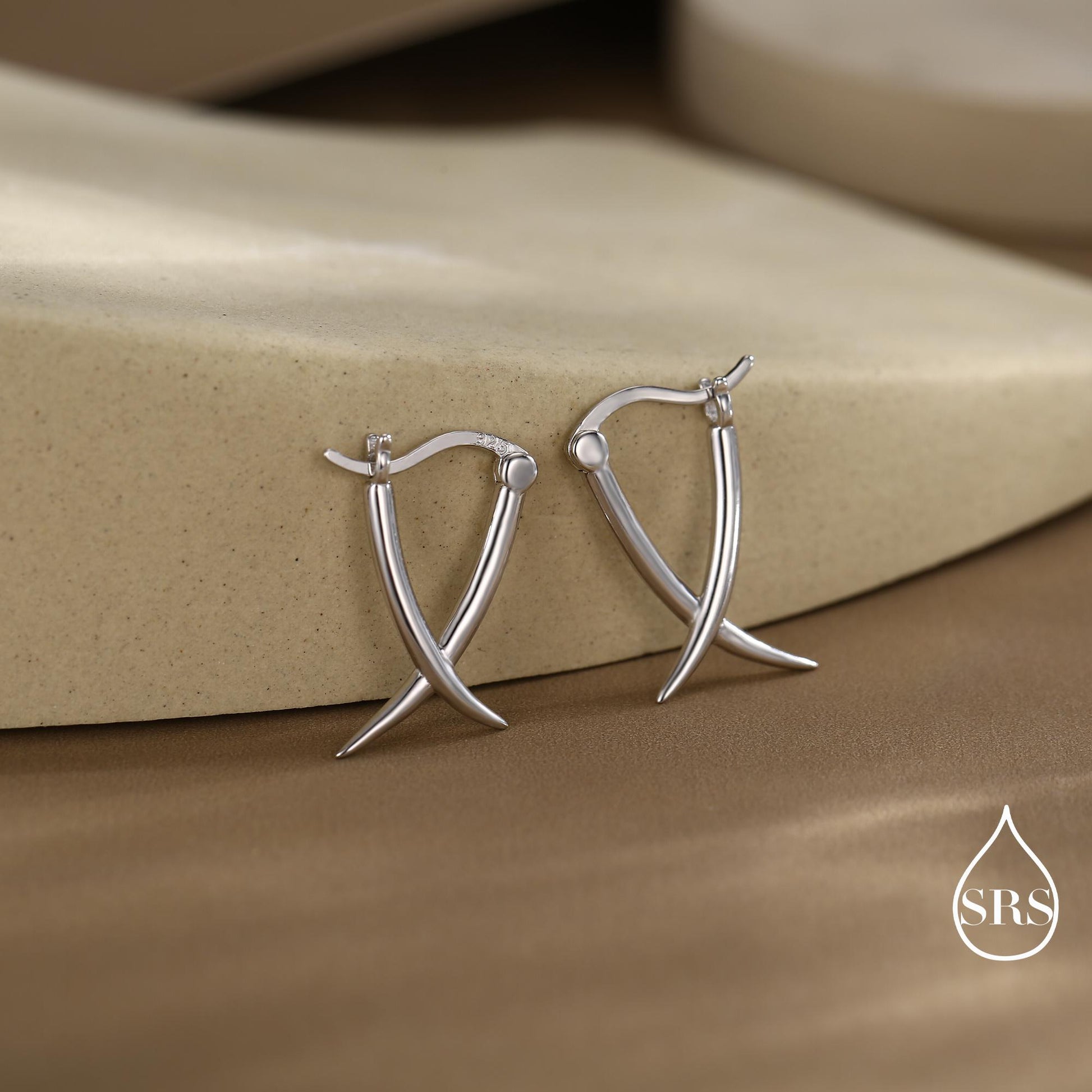 Minimalist Sterling Silver Tusks Hoop Earrings, Silver or Gold or Rose Gold Finish, Geometric Cross Over Large hoops, Subtle Statement Hoops