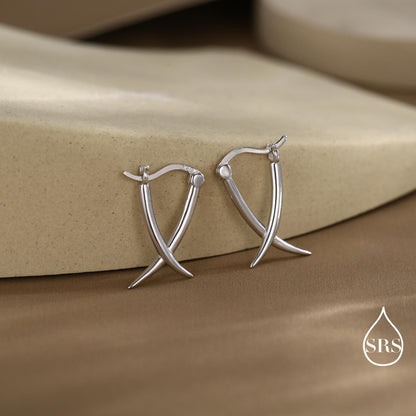 Minimalist Sterling Silver Tusks Hoop Earrings, Silver or Gold or Rose Gold Finish, Geometric Cross Over Large hoops, Subtle Statement Hoops