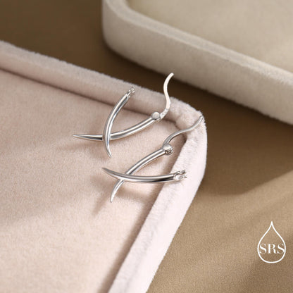 Minimalist Sterling Silver Tusks Hoop Earrings, Silver or Gold or Rose Gold Finish, Geometric Cross Over Large hoops, Subtle Statement Hoops