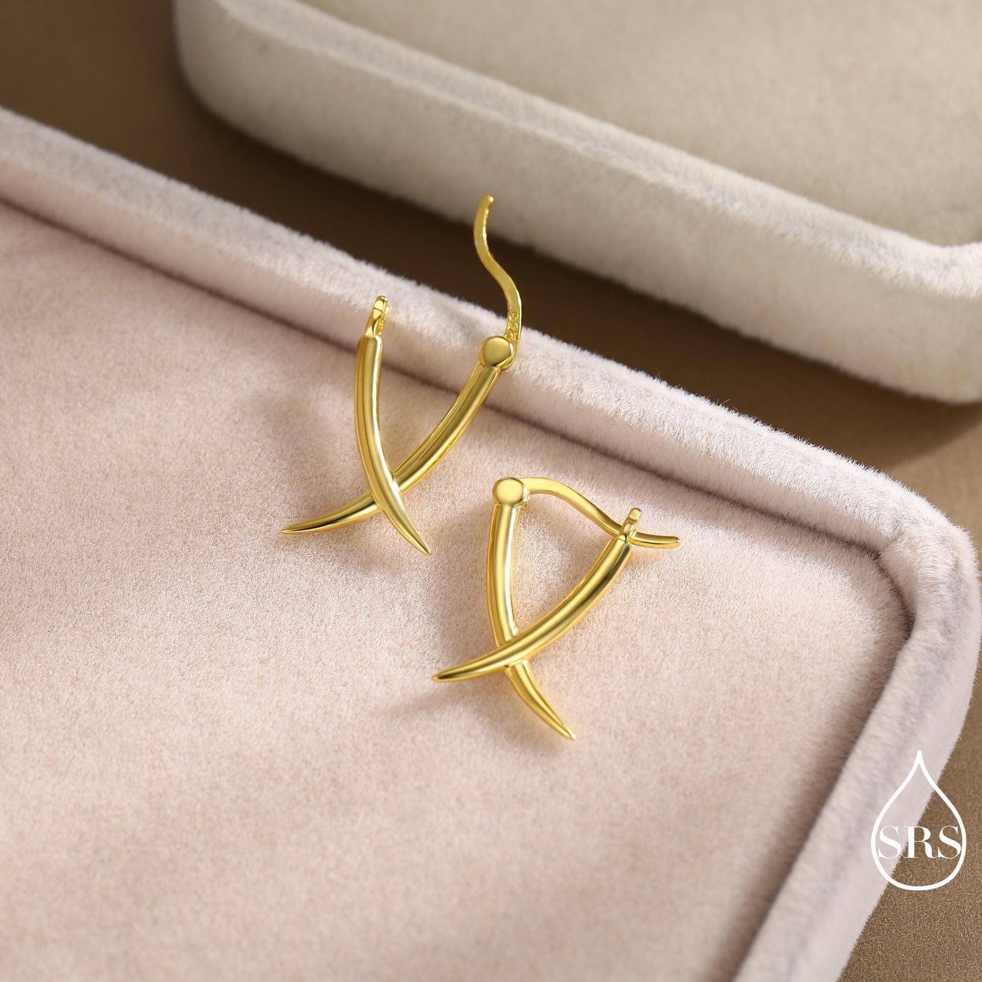 Minimalist Sterling Silver Tusks Hoop Earrings, Silver or Gold or Rose Gold Finish, Geometric Cross Over Large hoops, Subtle Statement Hoops