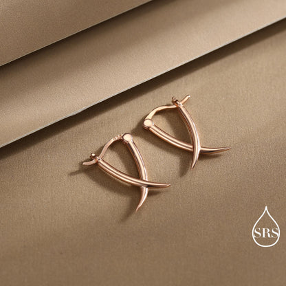 Minimalist Sterling Silver Tusks Hoop Earrings, Silver or Gold or Rose Gold Finish, Geometric Cross Over Large hoops, Subtle Statement Hoops