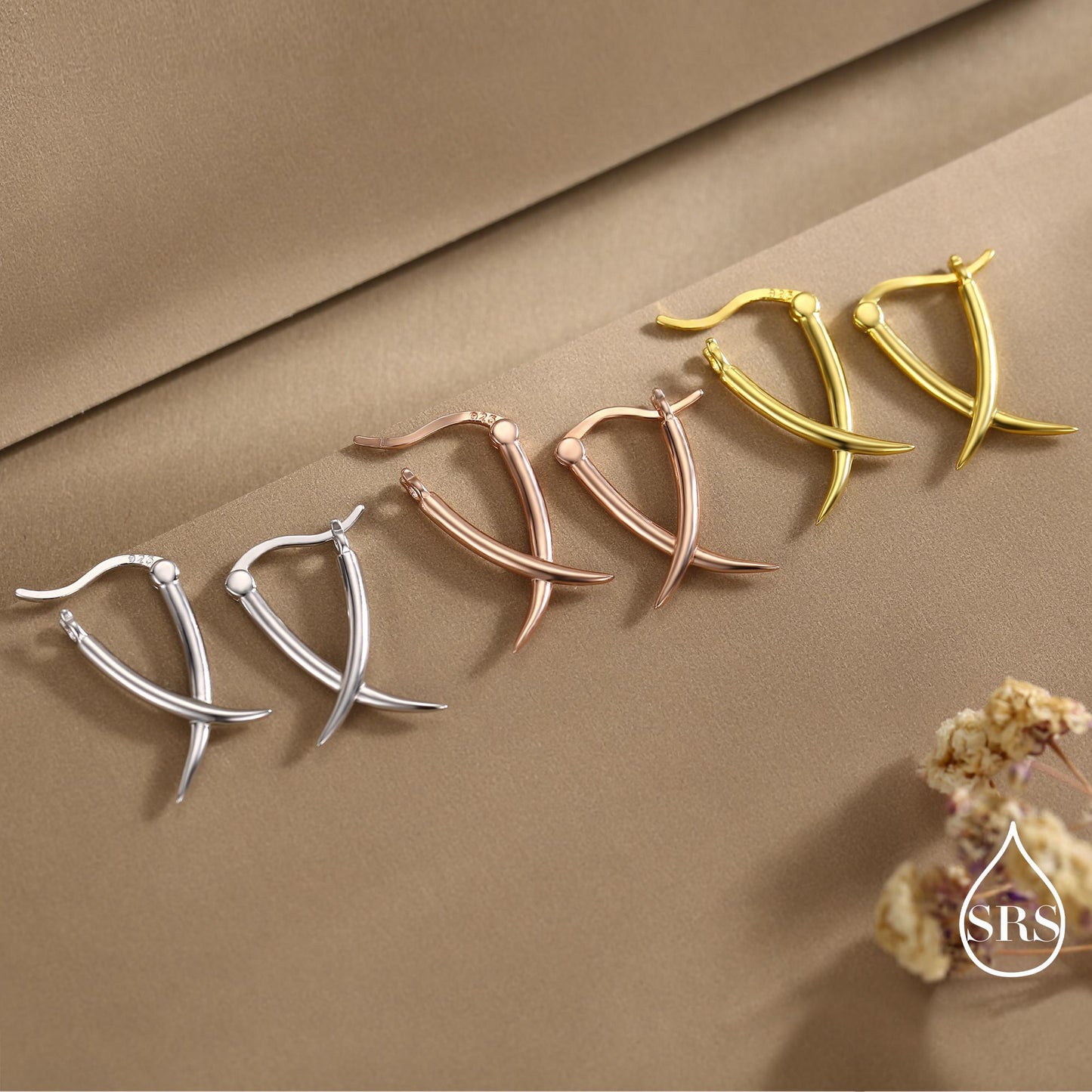 Minimalist Sterling Silver Tusks Hoop Earrings, Silver or Gold or Rose Gold Finish, Geometric Cross Over Large hoops, Subtle Statement Hoops