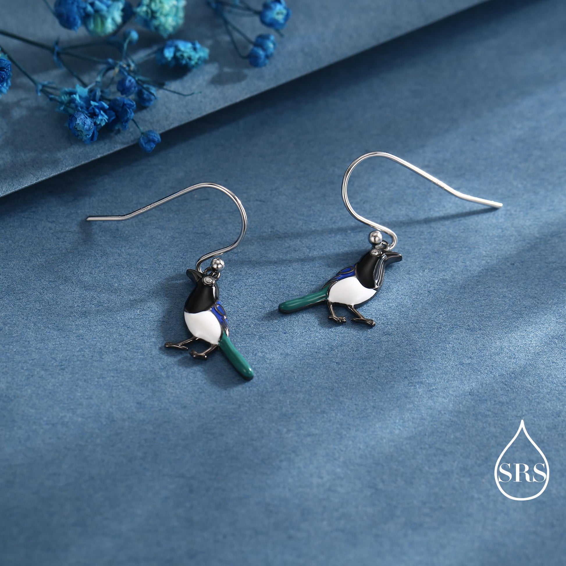 Sterling Silver Magpie Drop Hook Earrings, Enamel Coated Magpie Bird Earrings, Nature-Inspired Animal Earrings, Magpie Earrings