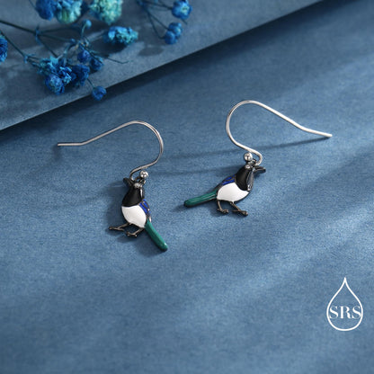 Sterling Silver Magpie Drop Hook Earrings, Enamel Coated Magpie Bird Earrings, Nature-Inspired Animal Earrings, Magpie Earrings